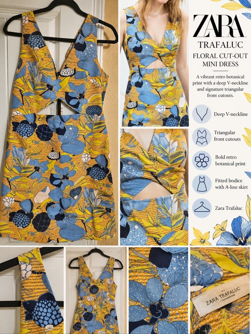 Zara Floral Cut-Out Mini Dress featuring a vibrant blue,yellow
